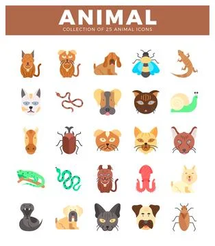Flat vector animal icons set with pets and wildlife Stock Illustration