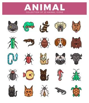 Flat vector animal icons with simple illustrations on white background. Stock Illustration