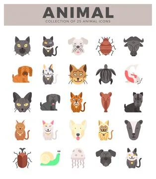 Flat vector animal icons on white background. diverse pets and insects.  Ca.. Stock Illustration