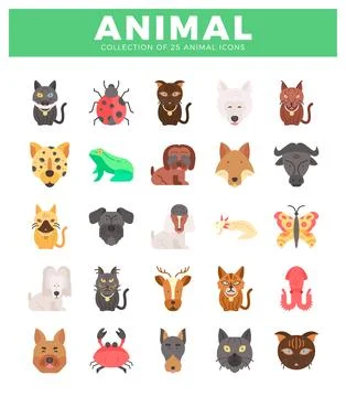 Flat vector animal icons on white background. Cartoon animal illustrations. Stock Illustration