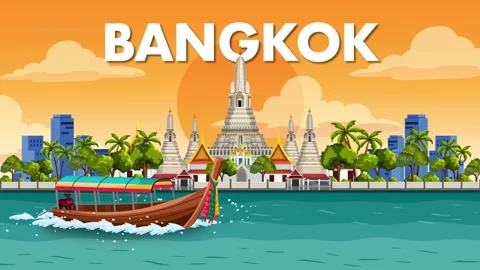Flat Vector Animation of Bangkok Cityscape with Boat Crossing River Stock Footage 335344284