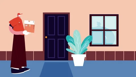 Flat vector animation of delivery worker wearing medical face mask while ho.. Stockbeeldmateriaal 339080624