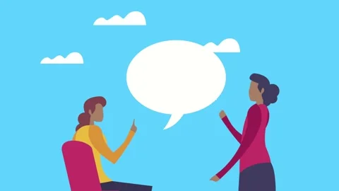 Flat vector animation of diverse women talking with speech bubble on blue s.. Stock Footage 334268532