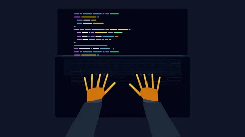 Flat vector animation of hands typing on laptop coding software 스톡 동영상 346737652