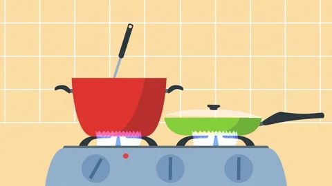Flat vector animation of kitchen pots and pans cooking on gas stove. Stock Footage 338423642
