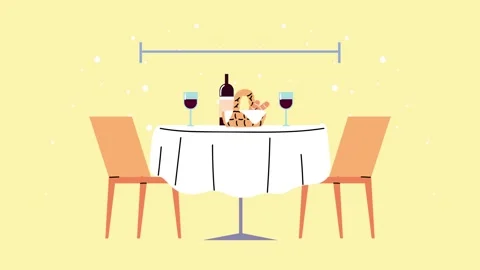 Flat vector animation of restaurant dinner table with wine and bread basket.. Stock Footage 339066462
