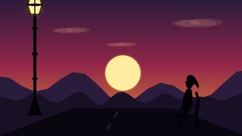 Flat Vector Animation Of Silhouette Person Sitting On Bench At Sunset Stock Footage 341266867