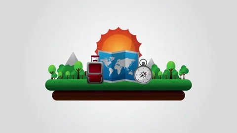 Flat vector animation of travel icons appearing over mountain landscape wit.. Видео 338314770