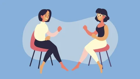 Flat vector animation of two female characters sitting on chairs and having.. Video stock 339062602