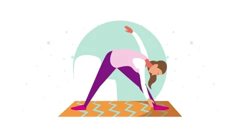 Flat vector animation of young woman doing triangle pose yoga on mat with a.. Stock Footage 333428912