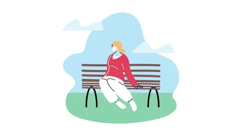 Flat vector animation of young woman sitting alone on park bench outdoors o.. Stock Footage 333545555