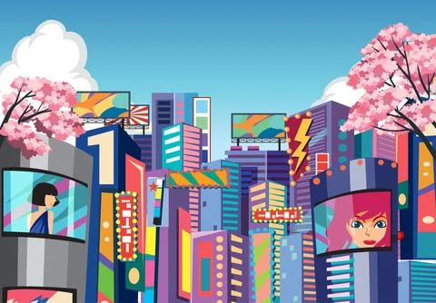 Flat vector art of a bustling urban district with neon signs and pink cherry  Stock Illustration