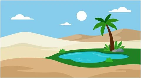 Flat vector art of a desert oasis with palm tree landscape greenery vacation Stock Illustration