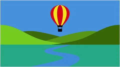 Flat vector art of a hot air balloon floating above rolling green hills Stock Illustration