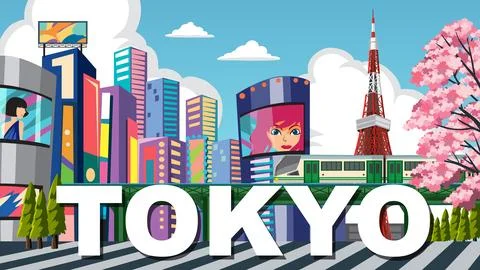 Flat vector art illustrates a vibrant urban landscape with billboards, trains Stockillustratie
