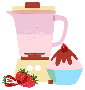 Flat vector art of kitchen blender with pink smoothie, fresh strawberries, an Stock Illustration