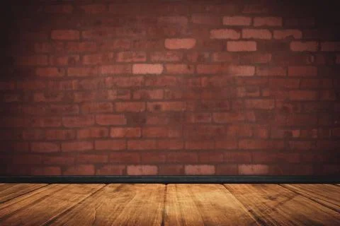 Flat vector art is showing empty studio room with wooden floor, brick wall and Stock Photos