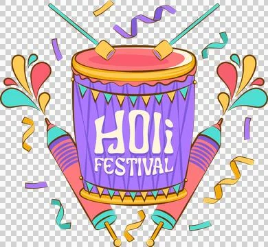 Flat vector art is showing Holi drum, pichkaris and confetti on transparent Stock Illustration