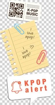 Flat vector art showing K-pop ticket with QR code, note, clips, alert badge, Stock Illustration