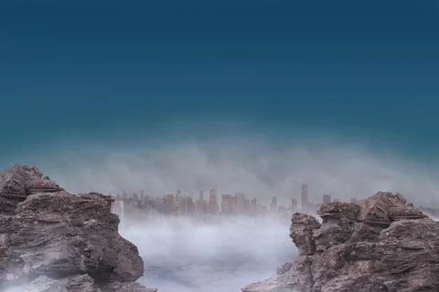 Flat vector art is showing rocks flanking foggy water, revealing distant skyline Stock Photos