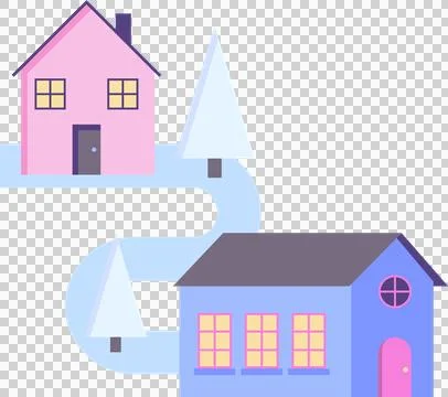 Flat vector art is showing two pastel houses linked by winding road and trees, Stock Illustration