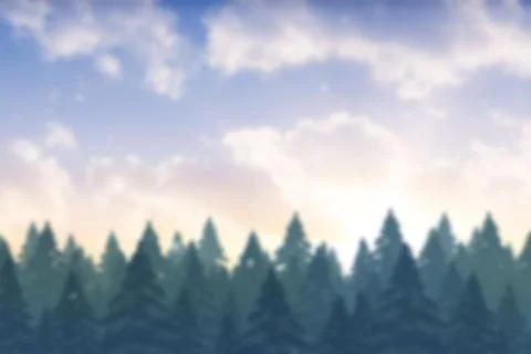 Flat vector artwork showing dense pine forest silhouette across misty horizon Stock Photos