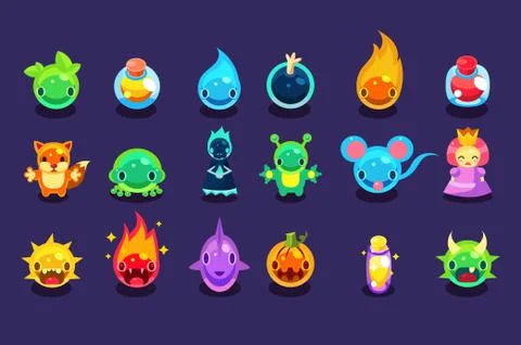 Flat vector assets for mobile game with funny creatures and objects. Aliens Stock Illustration