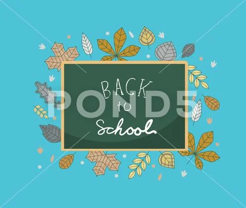 Flat vector Back To School background with Lettering and autumn fall leaves a Stock Illustration