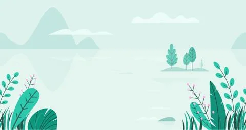 Flat vector background of spring landscape with minimal trees, lake, mountains Stock Illustration