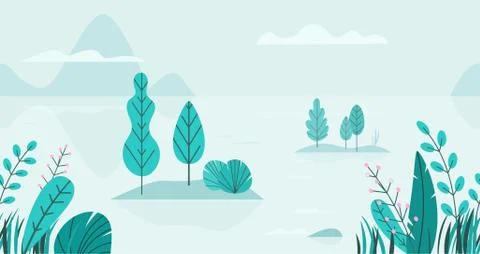 Flat vector background of spring landscape with minimal trees, lake, mountains Stock Illustration