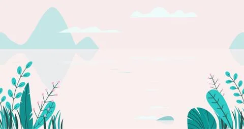 Flat vector background of spring sunset landscape with minimal trees, lake Stock Illustration