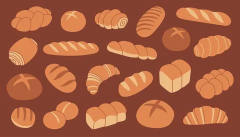 Flat vector bakery set with assorted bread, buns, baguettes and croissants Stock Illustration
