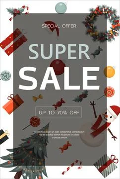Flat vector banner Big Christmas sale. Cartoon Christmas template with festive Stock Illustration