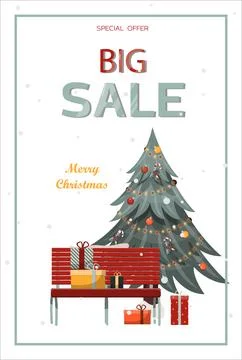 Flat vector banner Big Christmas sale. Cartoon Christmas template with festive Stock Illustration