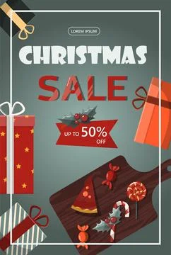 Flat vector banner Big Christmas sale. Cartoon Christmas template with festive Stock Illustration
