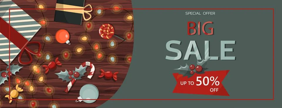 Flat vector banner Big Christmas sale. Cartoon Christmas template with festive Illustrazione stock