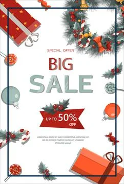 Flat vector banner Big Christmas sale. Cartoon Christmas template with festive Stock Illustration