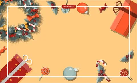 Flat vector banner Merry Christmas. Cartoon Christmas template with festive Stock Illustration