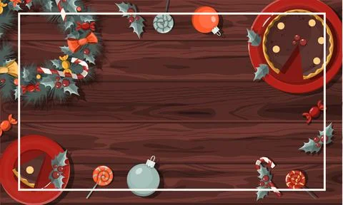 Flat vector banner Merry Christmas. Cartoon Christmas template with festive Stock Illustration