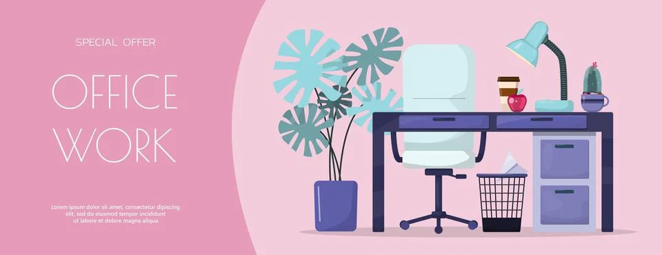 Flat vector banner template for office, business solutions, startup, time Stock Illustration