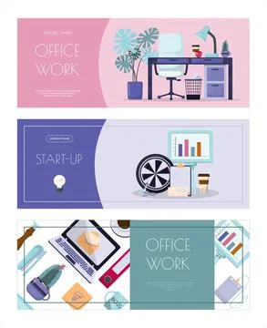 Flat vector banner template for office, business solutions, startup, time Stock Illustration
