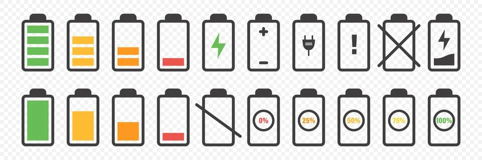 Flat Vector Battery Icons Set. Different Level of Charge. Car or Phone Battery Stock Illustration