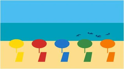 Flat vector beach scene with row of colorful umbrellas and loungers, umbrella Stock Illustration