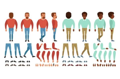 Flat vector of bearded man constructor for animation. Full length back, front Stock Illustration