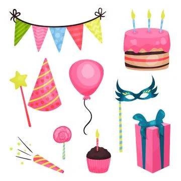 Flat vector birthday party elements. Triangle bunting flags, cake, glossy 스톡 일러스트