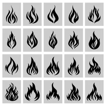 Flat Vector Black and White Fire Flame Silhouette Icon Set. Campfire Shape Sign Stock Illustration