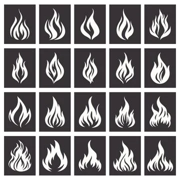 Flat Vector Black and White Fire Flame Silhouette Icon Set. Campfire Shape Sign イラスト素材