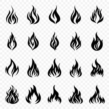 Flat Vector Black and White Fire Flame Silhouette Icon Set. Campfire Shape Sign イラスト素材