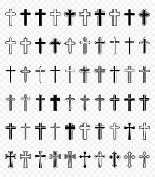Flat Vector Black and White Christian Cross Icons. Line Silhouette Cut Out Black Stock Illustration