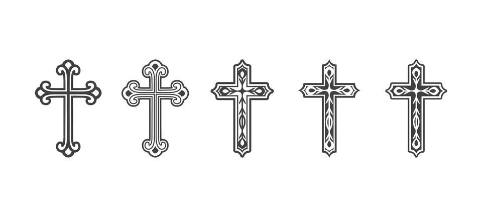 Flat Vector Black Christian Cross Icons Set Isolated on a White Background. Line Illustrazione stock